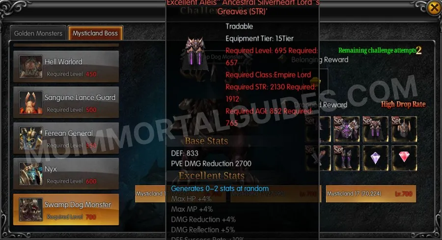 In-game screenshot of Excellent Alei's Ancestral Silverheart Lord's Greaves (STR) tooltip