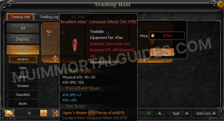 In-game screenshot of Excellent Aleis' Conquest Attack Orb (STR) tooltip