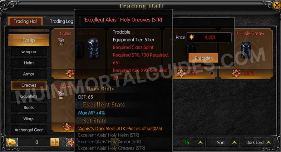 In-game screenshot of Excellent Aleis' Holy Greaves (STR) tooltip