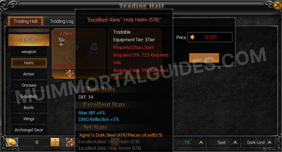 In-game screenshot of Excellent Aleis' Holy Helm (STR) tooltip