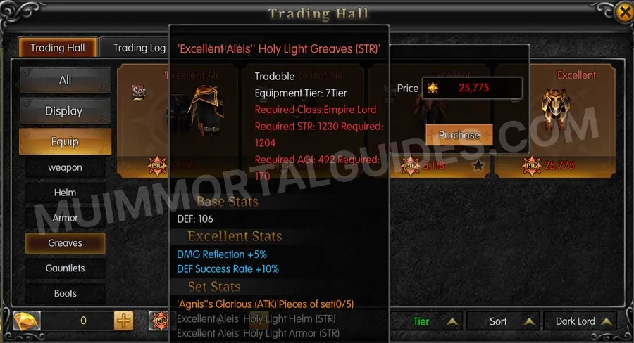 In-game screenshot of Excellent Aleis' Holy Light Greaves (STR) tooltip