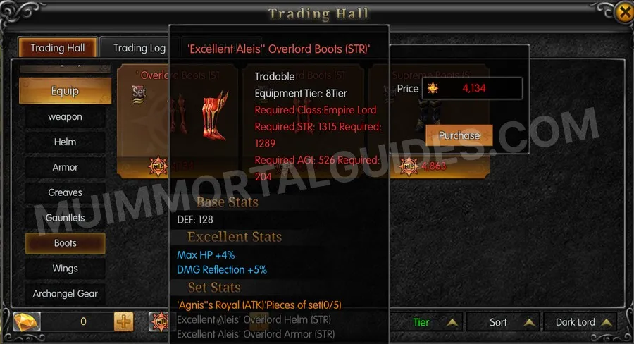 In-game screenshot of Excellent Aleis' Overlord Boots (STR) tooltip