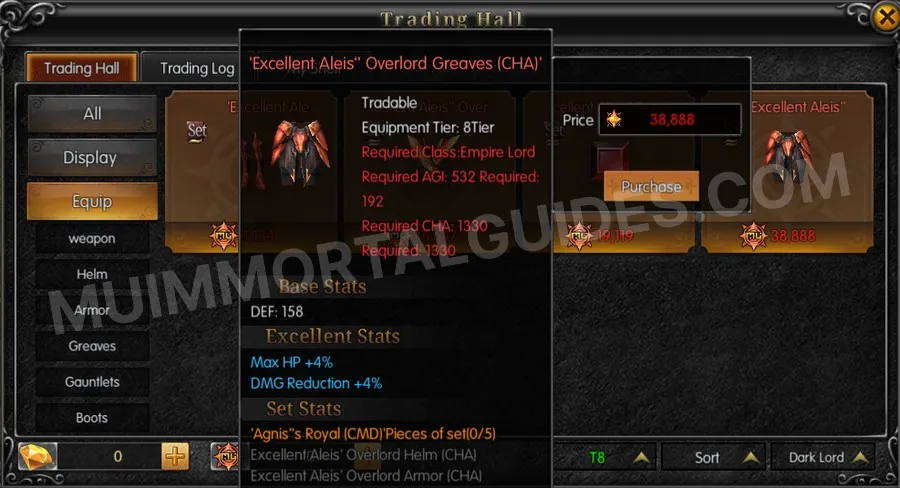 In-game screenshot of Excellent Aleis' Overlord Greaves (CHA) tooltip