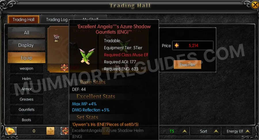 In-game screenshot of Excellent Angela's Azure Shadow Gauntlets (ENG) tooltip