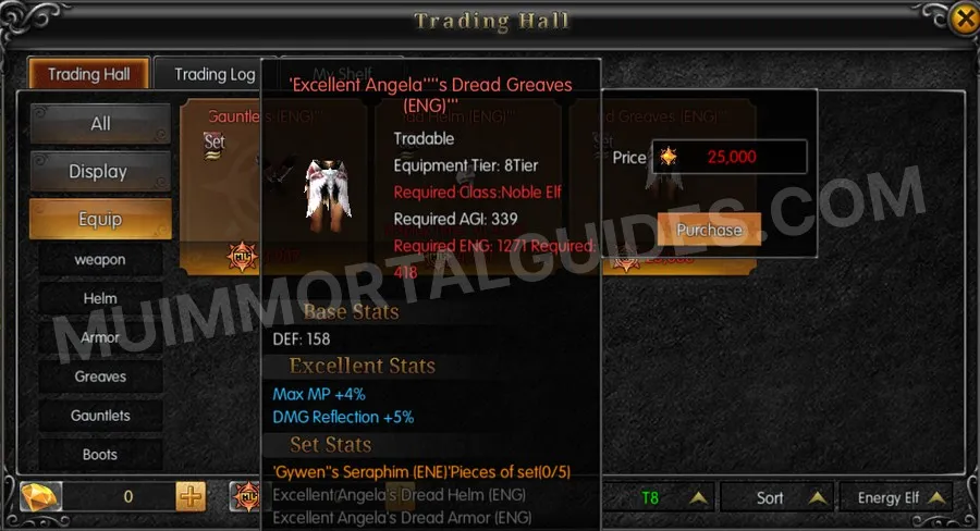 In-game screenshot of Excellent Angela's Dread Greaves (ENG) tooltip
