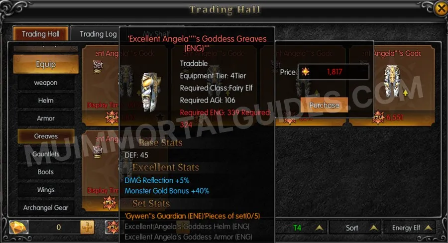 In-game screenshot of Excellent Angela's Goddess Greaves (ENG) tooltip