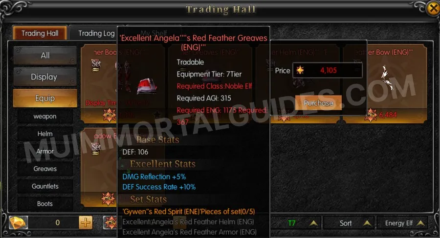 In-game screenshot of Excellent Angela's Red Feather Greaves (ENG) tooltip