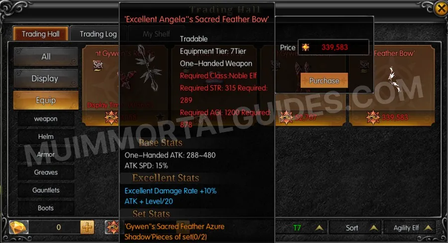 In-game screenshot of Excellent Angela's Sacred Feather Bow tooltip