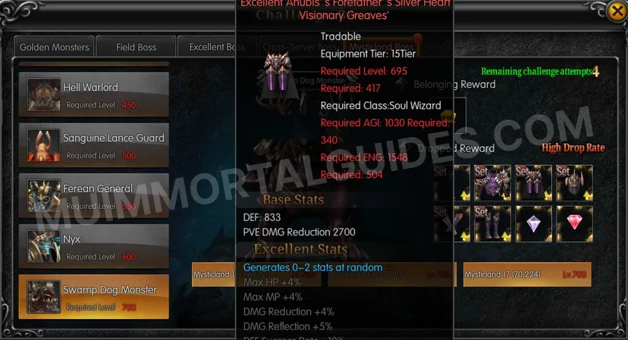 In-game screenshot of Excellent Anubis's Forefather's Silver Heart Visionary Greaves tooltip