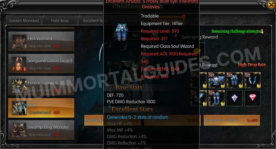 In-game screenshot of Excellent Anubis's Frosty Blue Eye Visionary Greaves tooltip