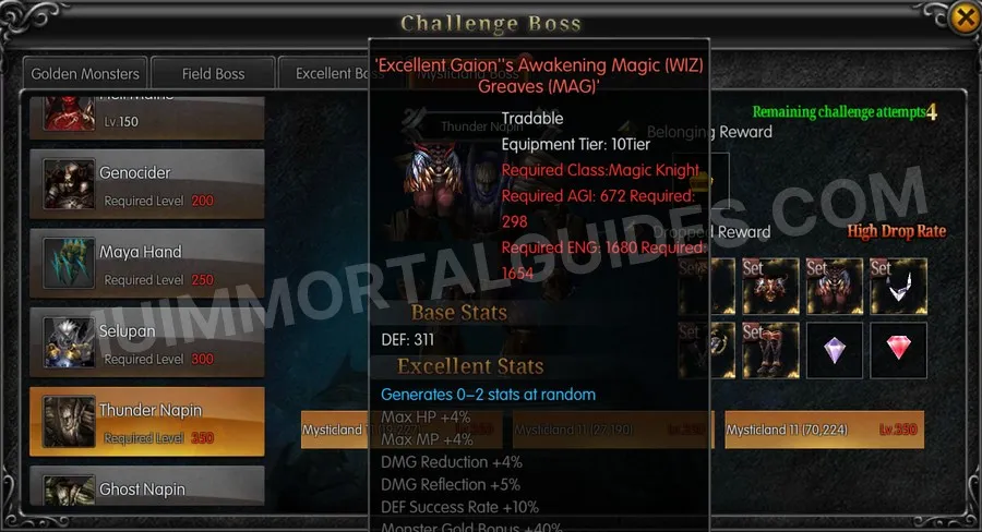 In-game screenshot of Excellent Gaion's Awakening Magic (WIZ) Greaves (MAG) tooltip