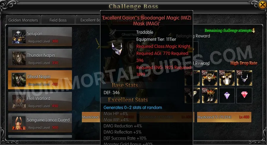 In-game screenshot of Excellent Gaion's Bloodangel Magic (WIZ) Mask (MAG) tooltip