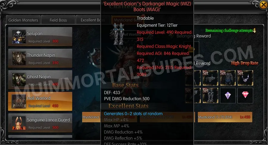 In-game screenshot of Excellent Gaion's Darkangel Magic (WIZ) Boots (MAG) tooltip