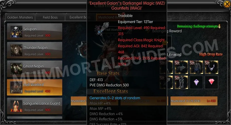 In-game screenshot of Excellent Gaion's Darkangel Magic (WIZ) Gauntlets (MAG) tooltip