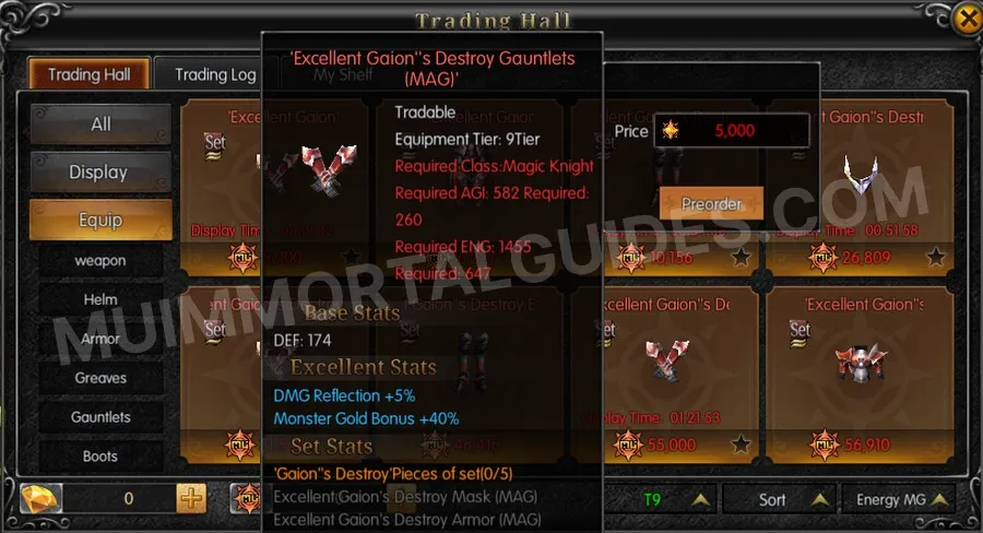 In-game screenshot of Excellent Gaion's Destroy Gauntlets (MAG) tooltip