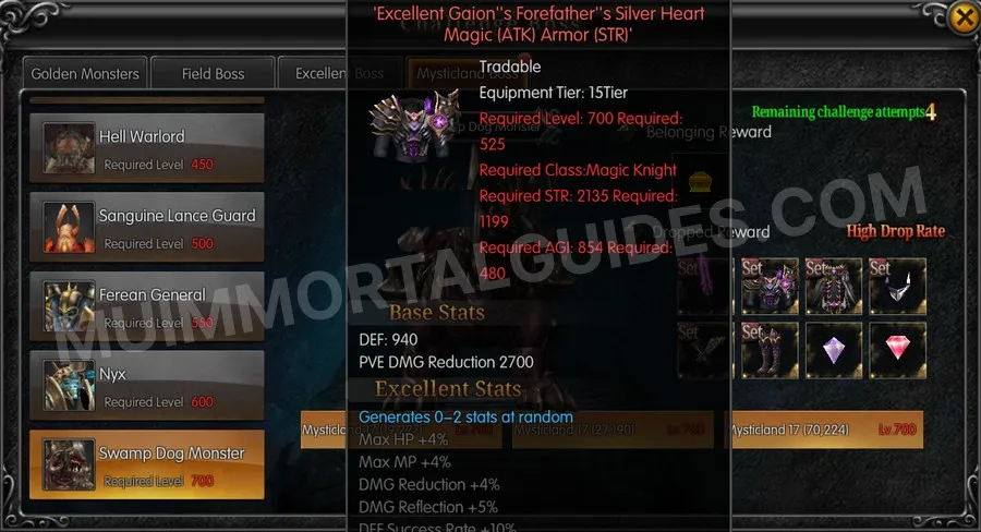 In-game screenshot of Excellent Gaion's Forefather's Silver Heart Magic (ATK) Armor (STR) tooltip