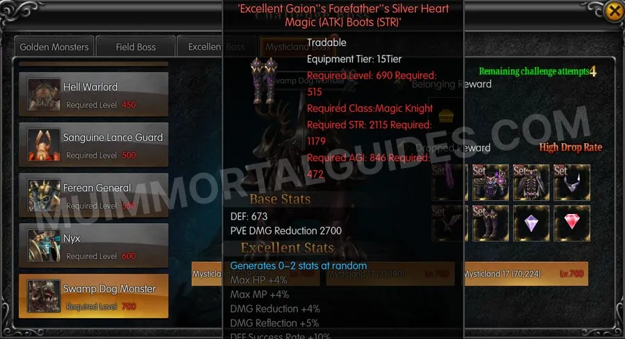 In-game screenshot of Excellent Gaion's Forefather's Silver Heart Magic (ATK) Boots (STR) tooltip