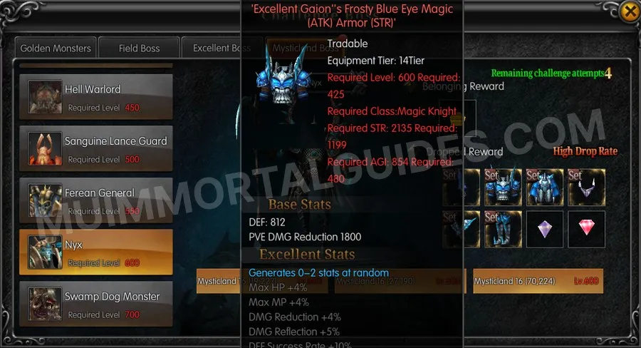 In-game screenshot of Excellent Gaion's Frosty Blue Eye Magic (ATK) Armor (STR) tooltip