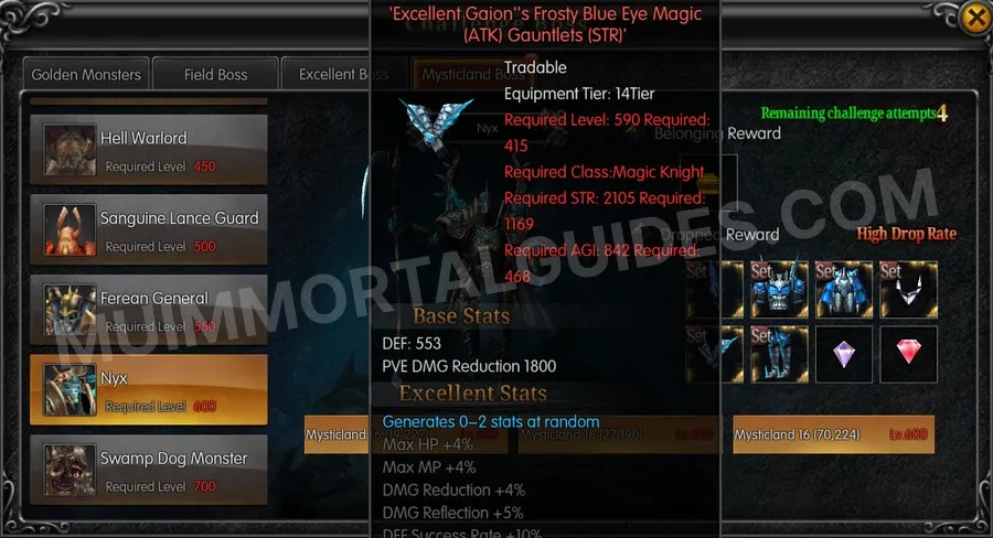 In-game screenshot of Excellent Gaion's Frosty Blue Eye Magic (ATK) Gauntlets (STR) tooltip