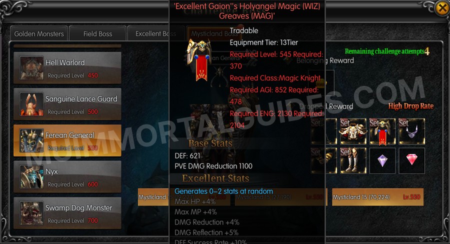 In-game screenshot of Excellent Gaion's Holyangel Magic (WIZ) Greaves (MAG) tooltip