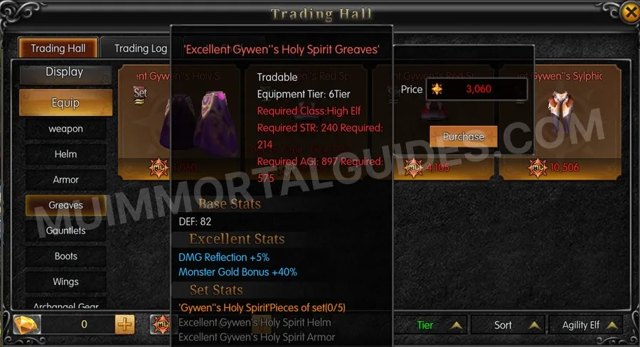 In-game screenshot of Excellent Gywen's Holy Spirit Greaves tooltip