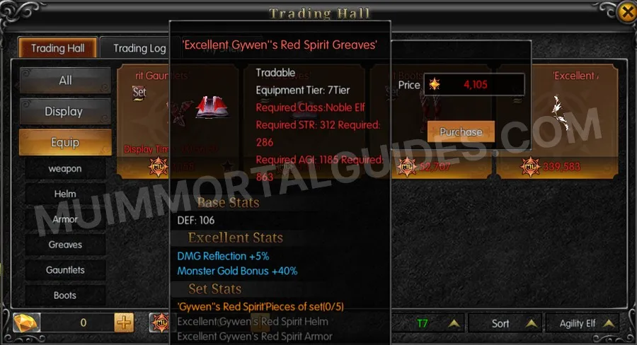 In-game screenshot of Excellent Gywen's Red Spirit Greaves tooltip