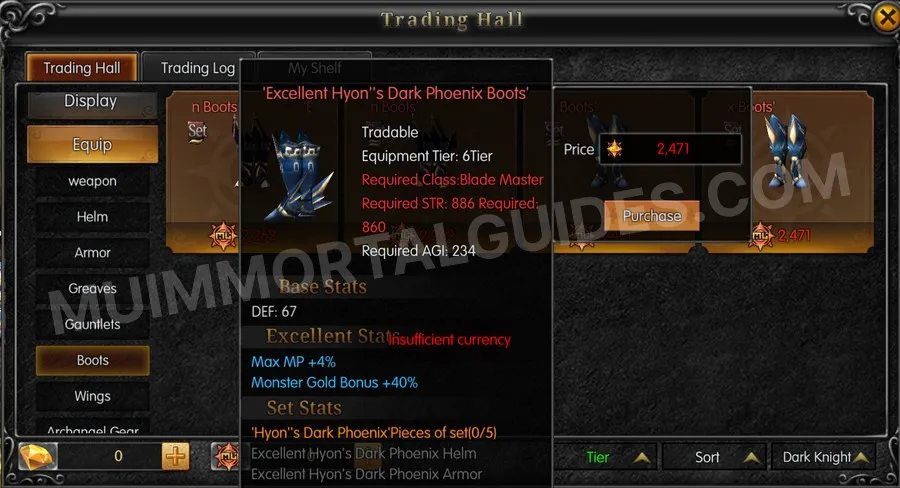 In-game screenshot of Excellent Hyon's Dark Phoenix Boots tooltip