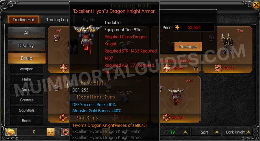 In-game screenshot of Excellent Hyon's Dragon Knight Armor tooltip