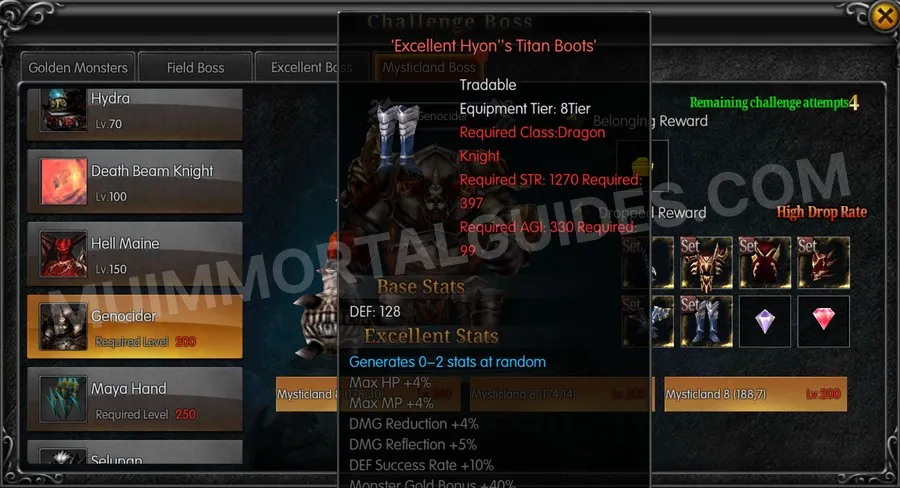 In-game screenshot of Excellent Hyon's Titan Boots tooltip
