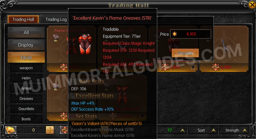 In-game screenshot of Excellent Kevin's Flame Greaves (STR) tooltip