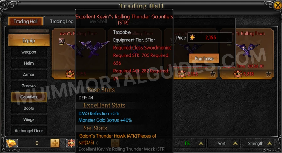 In-game screenshot of Excellent Kevin's Rolling Thunder Gauntlets (STR) tooltip