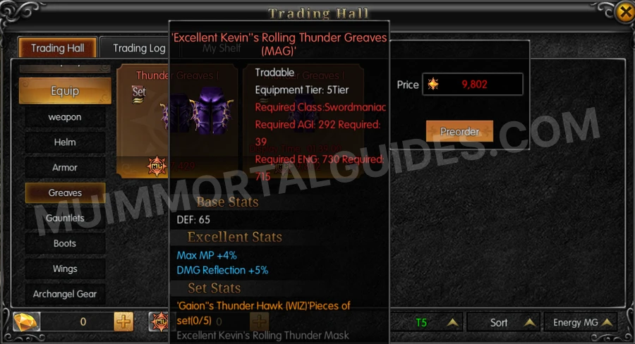 In-game screenshot of Excellent Kevin's Rolling Thunder Greaves (MAG) tooltip