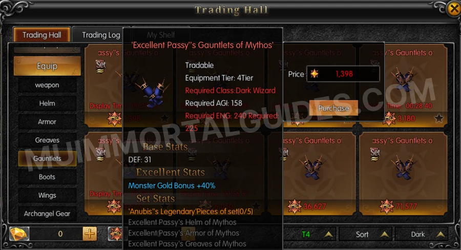 In-game screenshot of Excellent Passy's Gauntlets of Mythos tooltip