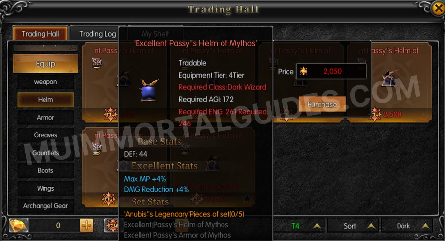 In-game screenshot of Excellent Passy's Helm of Mythos tooltip