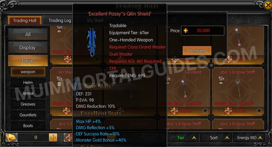 In-game screenshot of Excellent Passy's Qilin Shield tooltip