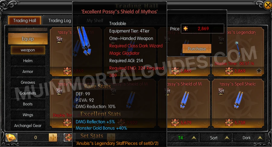 In-game screenshot of Excellent Passy's Shield of Mythos tooltip