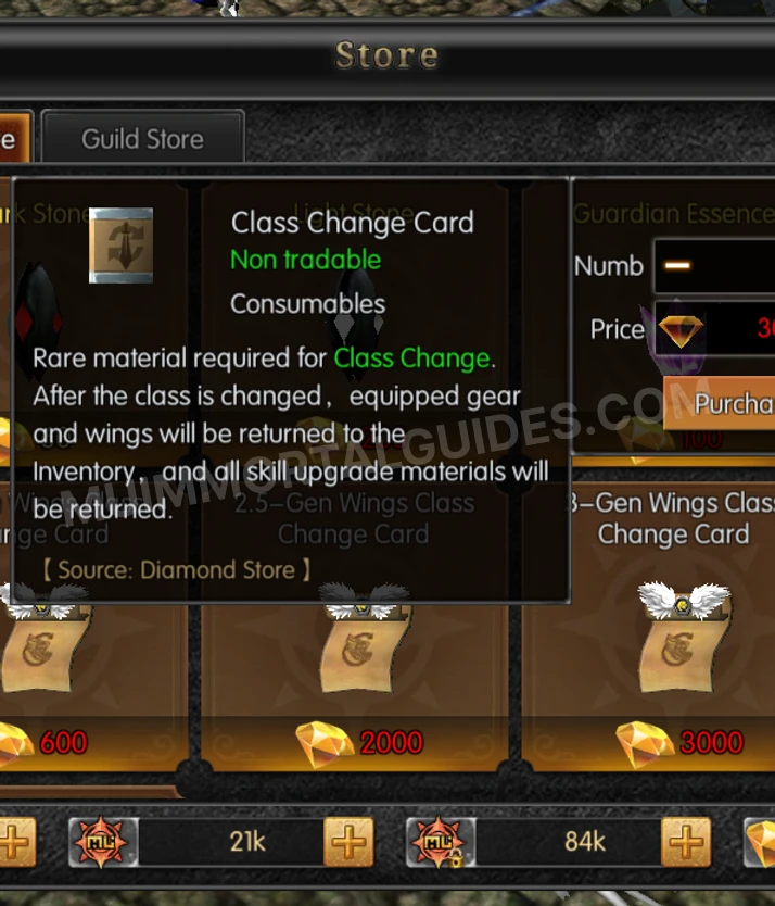Screenshot of Class Change Card